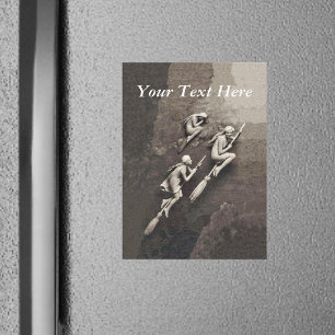 Vintagen drei Halloween-Hexen fliegende Brüder Magnetkarte