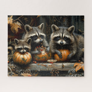 Vintagen drei Raccoons und Pumpkins Herbst 16x20 Puzzle