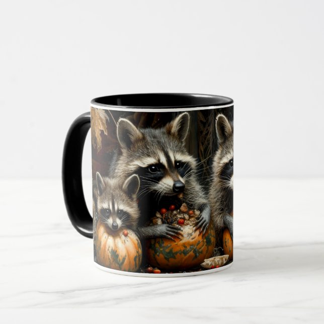 Vintagen drei Raccoons und Pumpkins Herbst Tasse (Vorderseite Links)