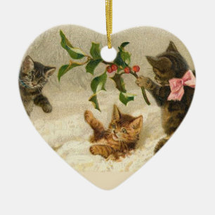 Vintagen Kätzchen im Schnee-Weihnachtsschmuck Keramik Ornament