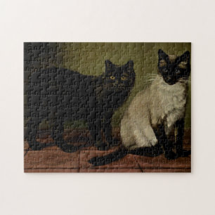 Vintagen Niedliche Katzen Schwarzer Manx Siam Puzzle