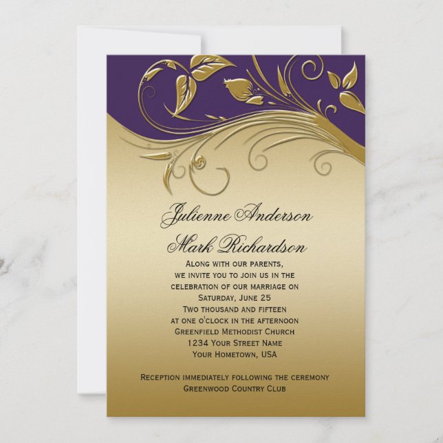 Vintagen Verzierte Royal Lila Gold Wirbel Hochzeit Einladung (Vorderseite)