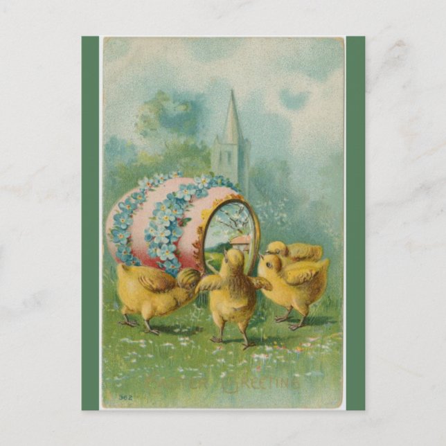 Vintagen Vier Chicks Ei und Kirchenfest Ostern Postkarte (Vorderseite)