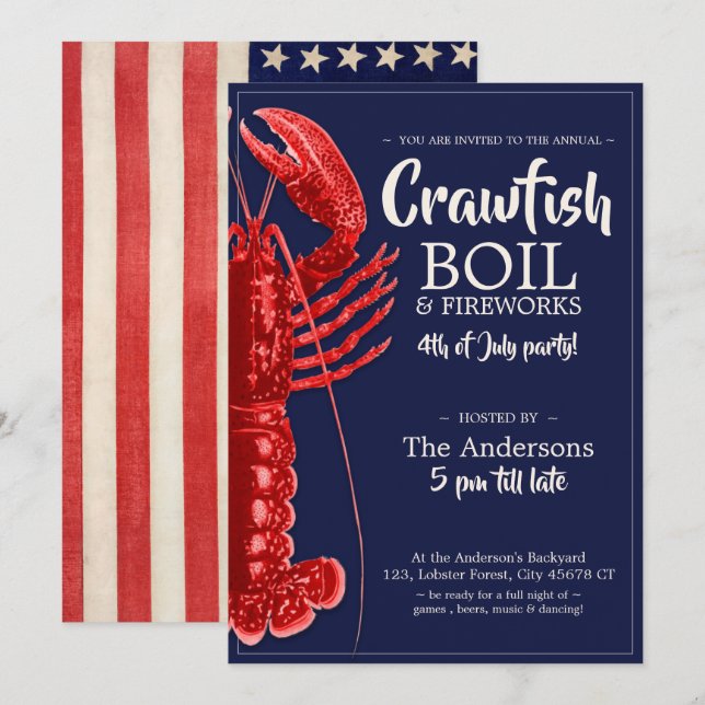 Vintager 4. Juli Crawfish Boil Sommer Party Einladung (Vorne/Hinten)