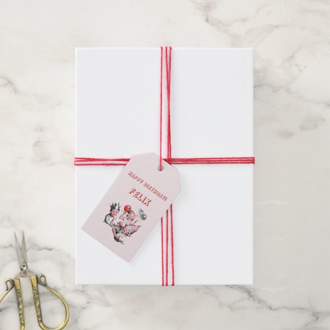 Vintager 50er Happy Birthday Children Party Name Geschenkanhänger (Mit Garn)