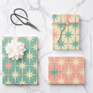 Vintager 50er Retro Sterne Muster Pink Minze Creme Geschenkpapier Set