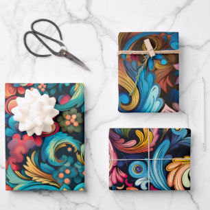 Vintager 70er Boho Psychedelic Swirl Set 3 Geschenkpapier Set