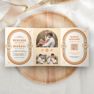 Vintager 70er Retro farbenfrohe Groovy Frame Weddi Dreifach Gefaltete Einladung