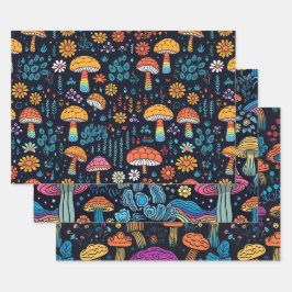Vintager 70er Retro Hippie Style Pilz Boho Set 3 Geschenkpapier Set