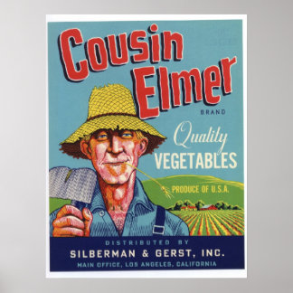 Vintager alter Cousin Elmer Gemüse Kratzeretikette Poster