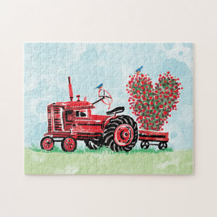 Vintager alter roter Traktor-Blumenherz Puzzle