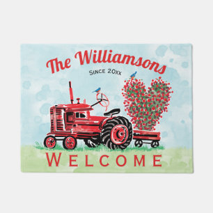 Vintager alter roter Traktor-Blumenherz-Willkommen Fußmatte