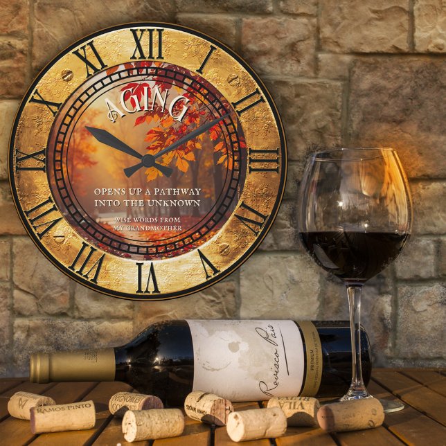 Vintager alternder Herbstlaub Waldweg Runde Wanduhr (Wall clock featuring a stylish vintage metallic design with roman numerals and colorful fall leaves)