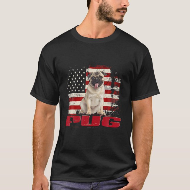 Vintager amerikanischer Flag Mops Hund Lover T-Shirt (Vorderseite)