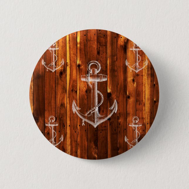 Vintager Anker auf dunklen Holzkarten Button (Vorderseite)