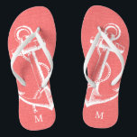 Vintager Ankermonogramm für die Rustikale Koralle Flip Flops<br><div class="desc">Maßgeschneiderte gedreht Flop-Sandalen mit einer rustikalen nautischen Vintagen Ankerillustrierung und einem eigenen Monogramm oder anderem Text. Klicken Sie auf Anpassen,  um Schriftart und Farben zu ändern oder eigene Bilder hinzuzufügen,  um ein einzigartiges Design zu erstellen!</div>