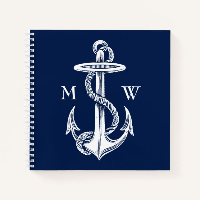 Vintager Ankerseil Navy Mit Monogramm Notizbuch (Vorderseite)