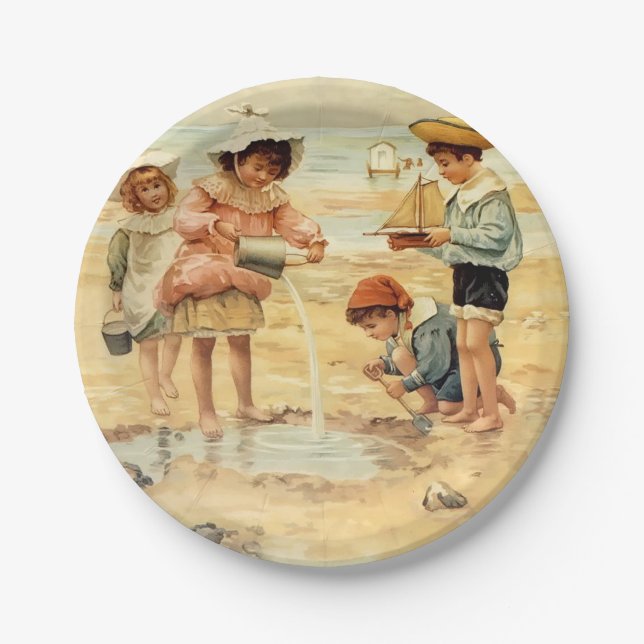 Vintager antiker Strand Boy Girl Kinder Kunst, Dic Pappteller (Vorderseite)