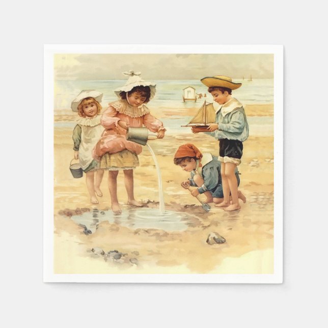 Vintager antiker Strand Boy Girl Kinder Kunst, Dic Serviette (Vorderseite)