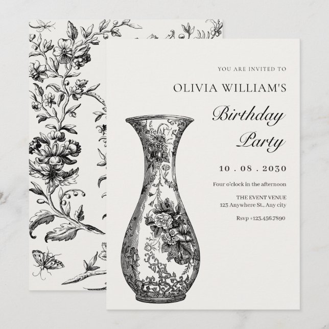 Vintager antiker Vase Geburtstag Einladung (Vorne/Hinten)