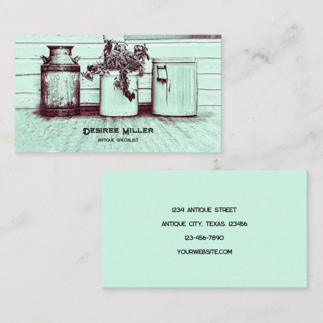 Vintager Antiquitätenladen Aquamarin Rustikale Lan Visitenkarte (Vorne/Hinten)