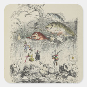 Vintager April Fools Spaß Grandville Fischen Quadratischer Aufkleber