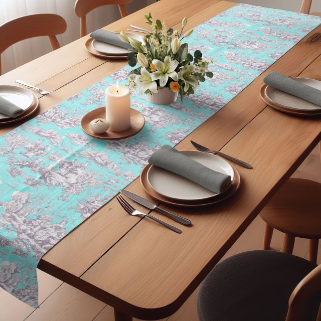 Vintager Aqua-Blauer Jouy Kurzer Tischläufer (Von Creator hochgeladen)