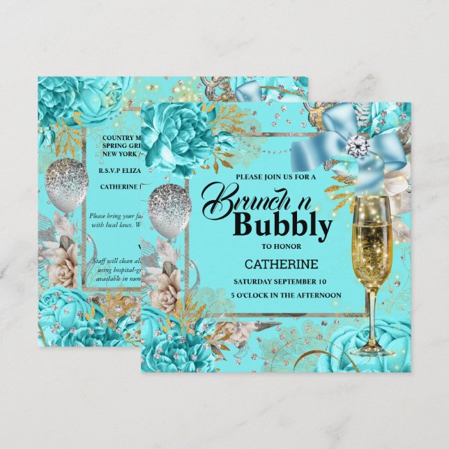 Vintager Aqua-Rose Shabby Chic Bubbly Glitzer Einladung (Vorne/Hinten)