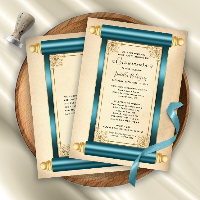 Vintager Aquamariner Goldscroll Einladung (Vintage Teal Gold Scroll Elegant Quinceañera Invitation)