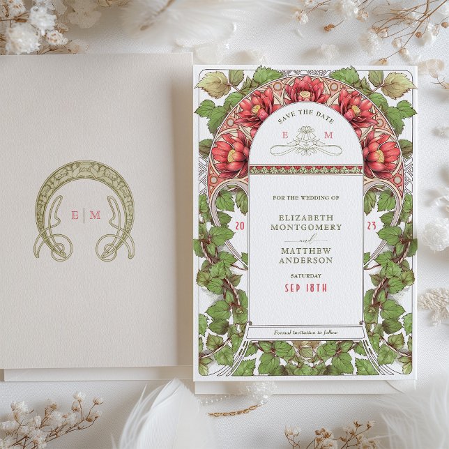 Vintager Art Roter Lotus Save the Date Einladung (Von Creator hochgeladen)