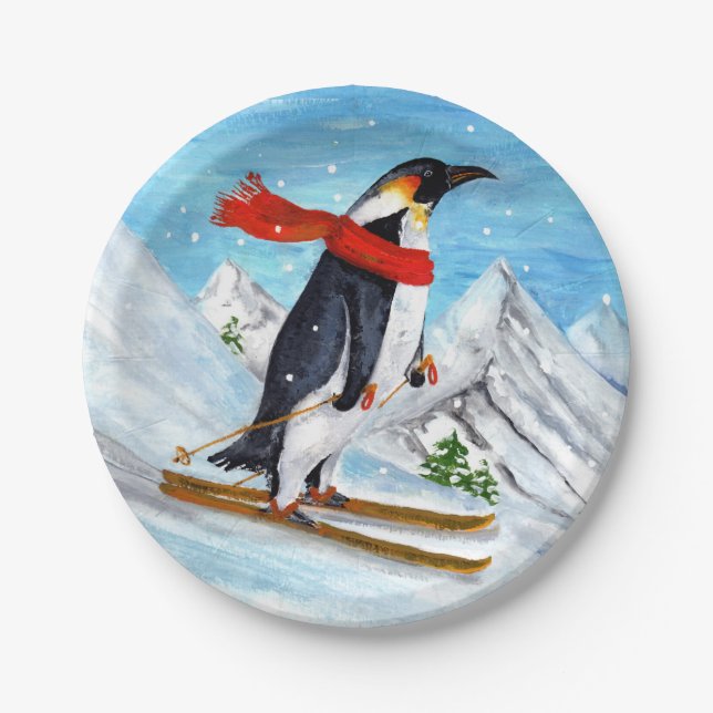 Vintager Artpenguin-Abfahrtskilauf Pappteller (Vorderseite)