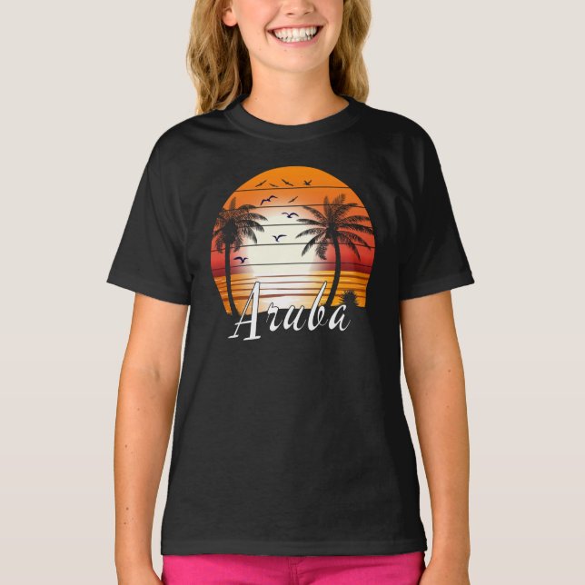 Vintager Aruba Palm Tree Summer Beach T-Shirt (Vorderseite)
