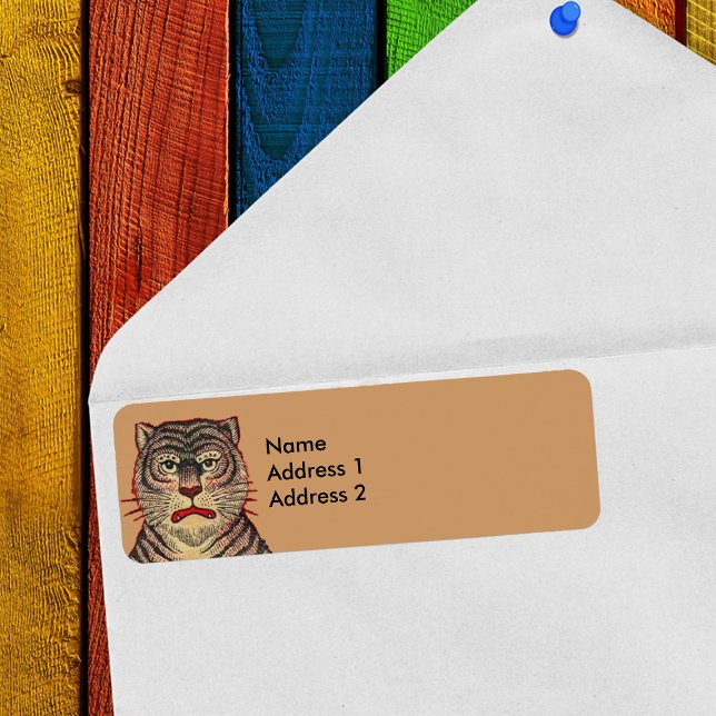 Vintager asiatischer Tiger (Head of striped Asian tiger with fierce face on brown return address labels.)