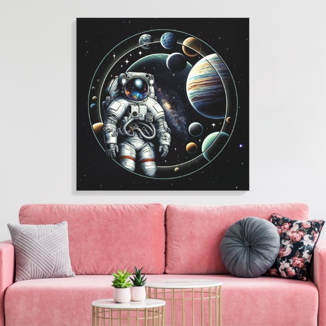 Vintager Astronaut und Planeten Leinwanddruck (Insitu (Wohnzimmer))