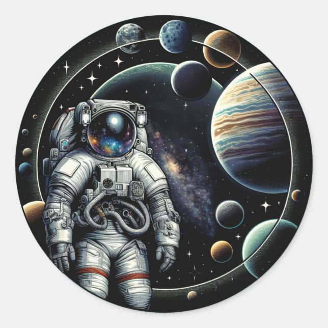 Vintager Astronaut und Planeten Runder Aufkleber (Vorderseite)