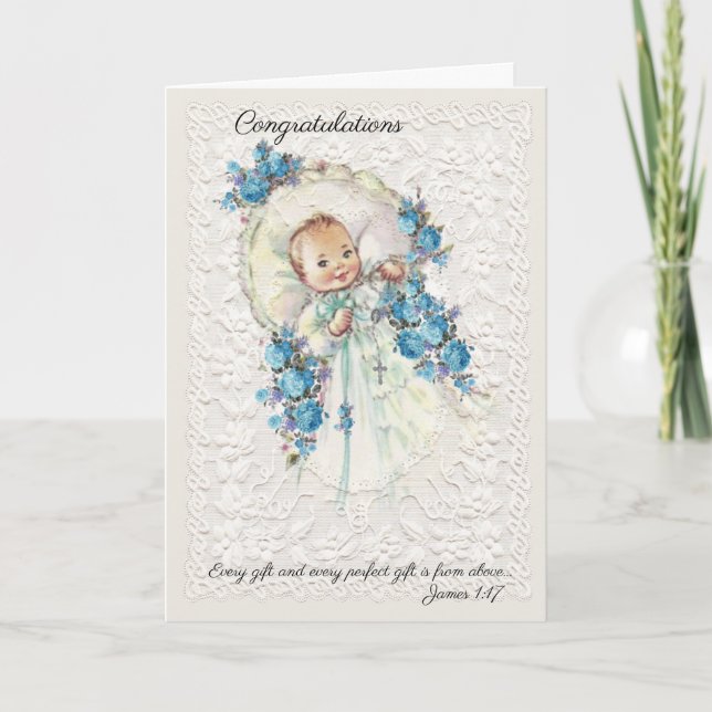Vintager Baby Boy mit Rosary Blue Flowers Karte (Vorderseite)