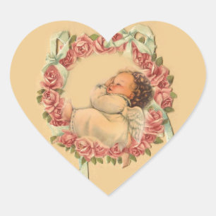 Vintager Baby-Engel, der auf einem Rose Wreath Herz-Aufkleber