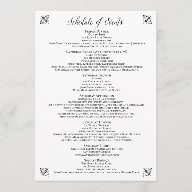 Vintager Bachelorette-Veranstaltungskalender Programm (Vorderseite)
