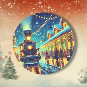 Vintager Bahnhof am Heiligabend Schneeabend Runder Aufkleber
