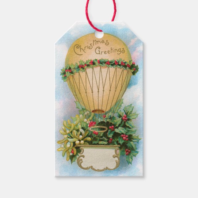 Vintager Ballon mit Mistletoe und Holly Geschenkanhänger (Vorderseite)