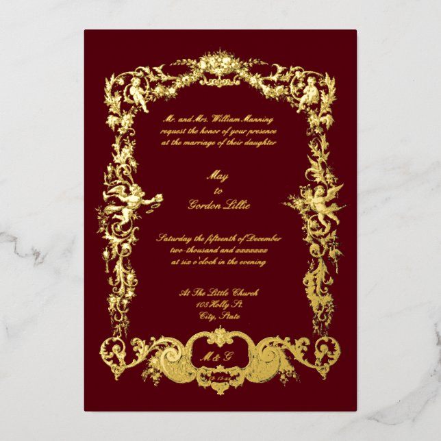 Vintager barocker Rokoko Blumengarten & Cherubs Folieneinladung (Vorderseite)