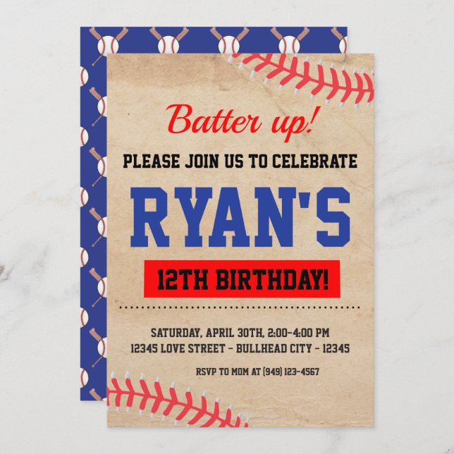 Vintager Baseball-Batter-Up-Junge zum Geburtstag Einladung (Vorne/Hinten)