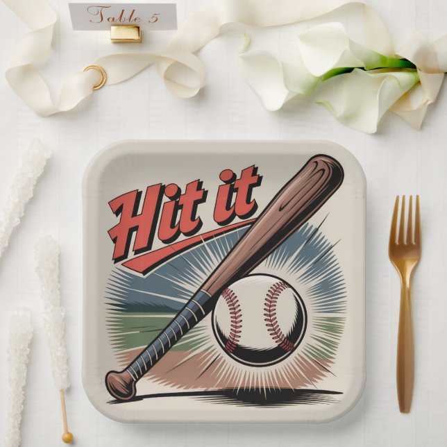 Vintager Baseball "Hit It" Retro Sports Pappteller (Hochzeit)