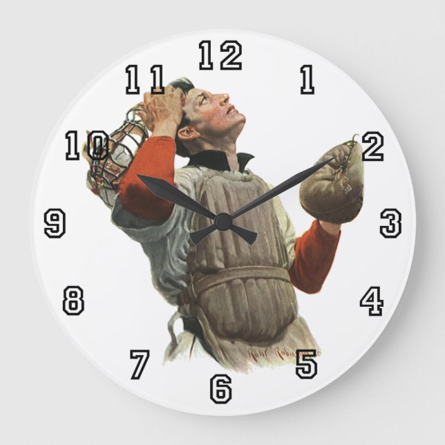 Vintager Baseballspieler, Catcher-Look Große Wanduhr (Vorderseite)
