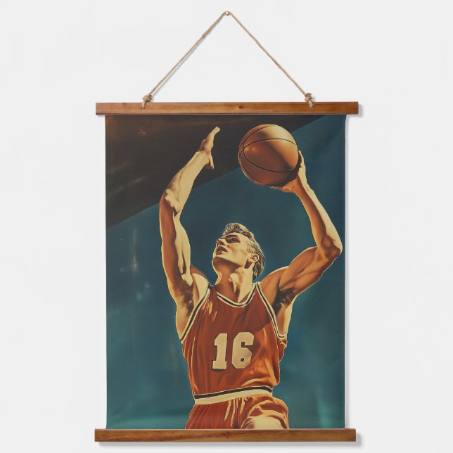 Vintager Basketball-Aktionsshot Wandteppich Mit Holzrahmen (Vorderseite)