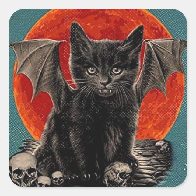 Vintager Batcat Spooky Happy Halloween Quadratischer Aufkleber (Vorderseite)