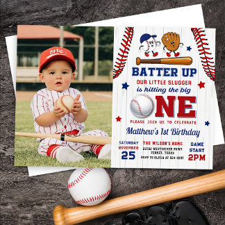 Vintager Batter Up Baseball 1. Geburtstag Foto Einladung