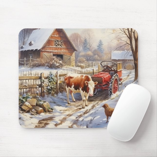 Vintager Bauernhof Kuh Traktor Winter Mousepad (Mit Mouse)