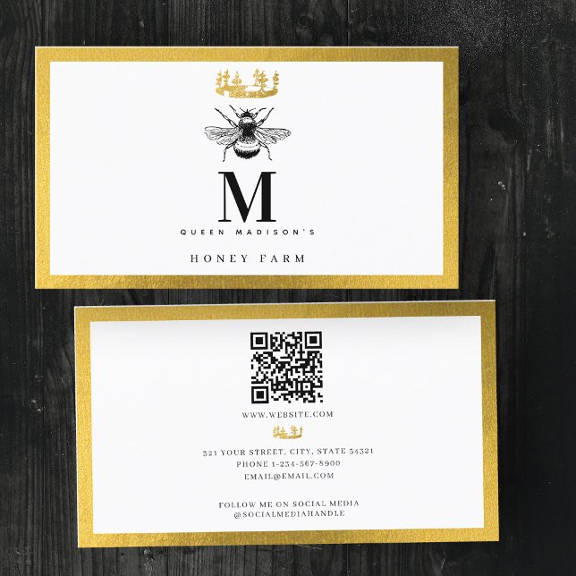 Vintager Bee Gold Honey Queen QR Code Visitenkarte (Vintage Bee Gold Honey Queen QR Code Business Card)