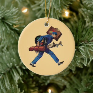 Vintager Bellhop in Uniform, Suitcase und Golf Clu Keramikornament